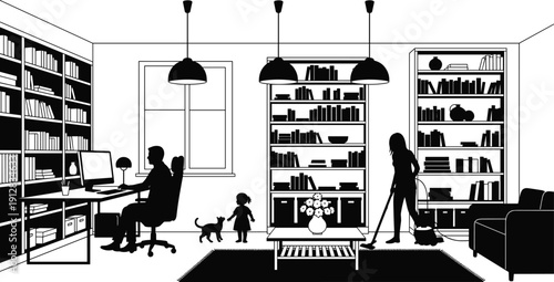 Black silhouette vector illustration of modern family home interior with people working, cleaning, playing, and interacting in everyday domestic scene