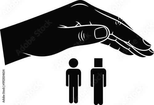 Black silhouette vector illustration of large protective hand shielding two minimal human figures symbolizing safety, care, and guardianship concepts