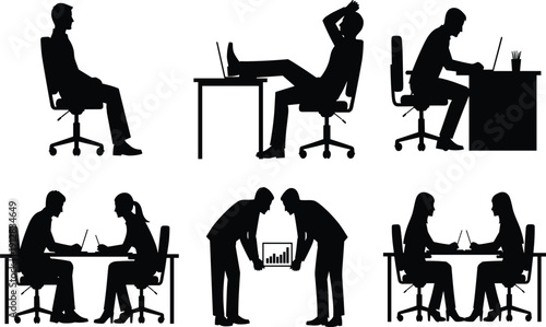 Black silhouette vector illustration of office workers using laptops in various workplace scenarios including collaboration, posture, and teamwork dynamics