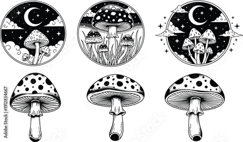 Magic mushroom vector illustration set, psychedelic fantasy night scene with moon and stars, black and white detailed line art collection