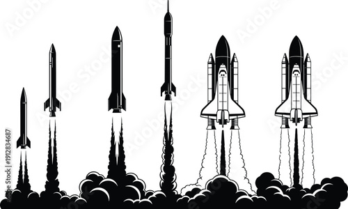 Black silhouette vector illustration of rockets launching with exhaust plumes and smoke clouds, showcasing diverse designs for space exploration themes