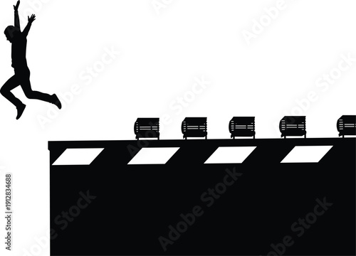 Black silhouette vector illustration of person leaping off rooftop with benches and skylights symbolizing urban exploration, parkour, and daring action