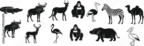 African safari animal silhouettes collection, wild jungle zoo fauna set with zebra gorilla hippo crocodile antelope vector illustration isolated