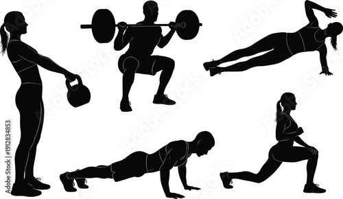 Fitness workout silhouettes collection, strength training exercises with kettlebell barbell squat push up plank lunge, gym athlete vector illustration isolated