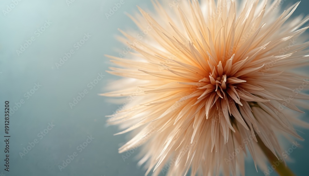 Obraz premium Extreme close-up macro photo of a dry dandelion seed head against soft blue background. Delicate seed filaments spread out like a starburst, showing intricate natural patterns and light.