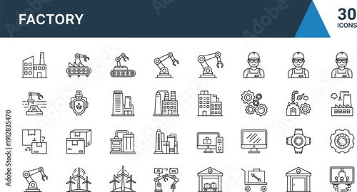 Professional Factory and Industrial Automation Line Icon Set Featuring Robotic Arms, Smart Manufacturing, Wind Energy, Warehouse Logistics, 