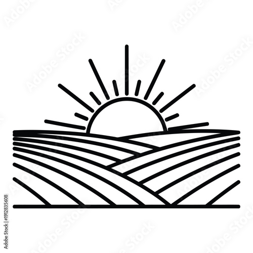 A serene sunrise over a vast and meticulously plowed farmland field isolated on white background, Vector