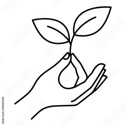 A hand holding a water droplet with a small plant sprouting from it isolated on white background, Vector