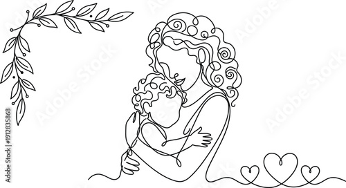 Mother and child continuous line art illustration, maternal love bonding concept, minimal outline parenting, heart and floral design vector artwork