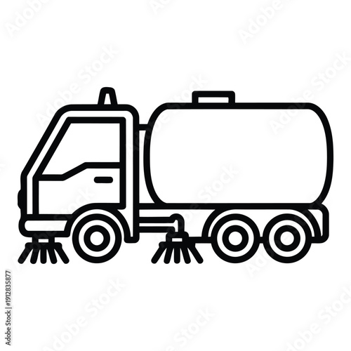 A black and white illustration of a street sweeper vehicle with a large tank. isolated on white background, Vector