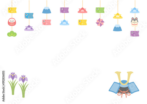 かわいいこどもの日フレーム・こいのぼりとつるし飾り・白背景ベクターテンプレート