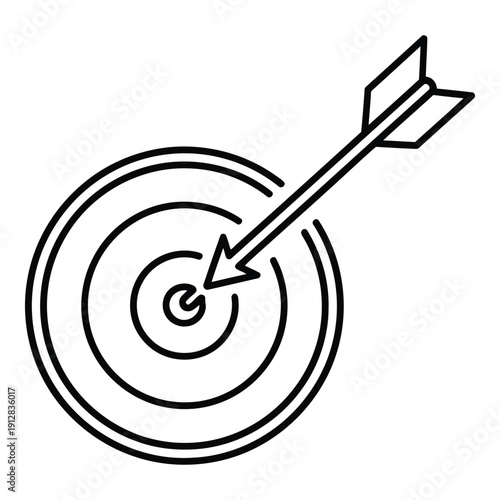 A black and white illustration of an arrow hitting the center of a target isolated on white background, Vector