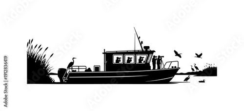Beached Fishing Boat with Birds - Minimalist Vector Illustration