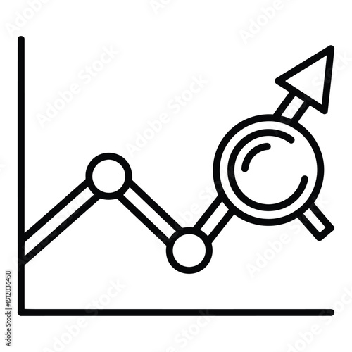A line graph with a magnifying glass symbolizing data analysis and inspection. isolated on white background, Vector