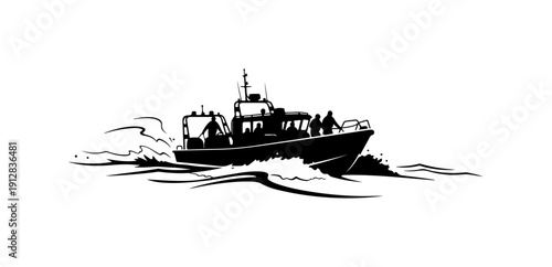 Black and White Vector Illustration of a Ferry Boat at Sea