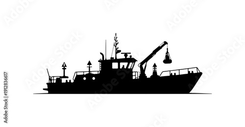 Silhouette of a Cargo Workboat with Crane