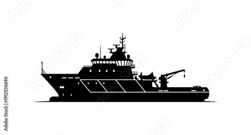 Modern Research or Supply Vessel Silhouette - Black Vector Illustration