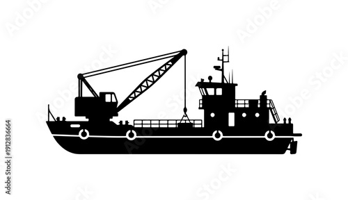 Black and White Vector Illustration of a Cargo Ship with Crane