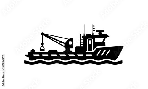 Black and White Vector Illustration of a Cargo Ship with Crane
