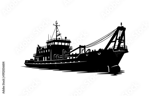 Black and White Vector Tugboat Illustration