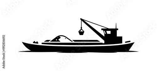 Black and White Vector Illustration of a Cargo Ship with Crane