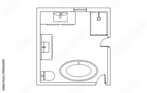 Architectural Bathroom Floor Plan Layout in Top View Featuring Modern Furniture Sketch of Bathtub, Shower Stall, Double Vanity Sinks, and Toilet for Interior Design CAD Blueprint.ai