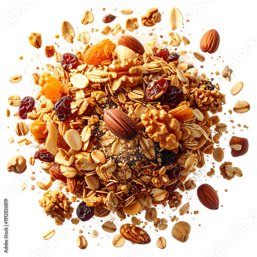 Delicious granola explosion with oats nuts and dried fruits flying in air, healthy breakfast meal