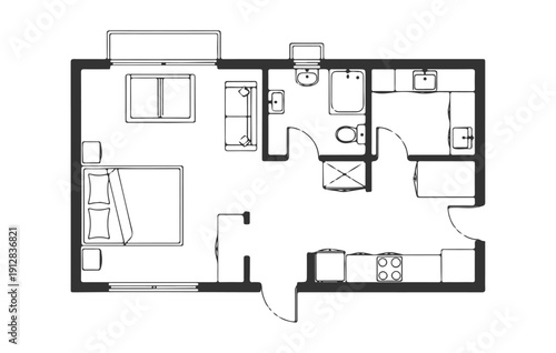 Architectural Studio Apartment Floor Plan Layout in Top View Featuring Open Plan Living Space, Kitchenette, Bathroom, and Bedroom Area for Interior Design CAD Blueprint.ai