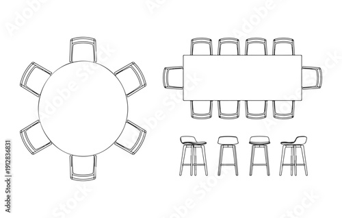 Dining furniture plan view CAD collection, round and rectangular tables, chairs, bar stools, top down, Architectural Drafting Style. Vector Illustratioin.ai