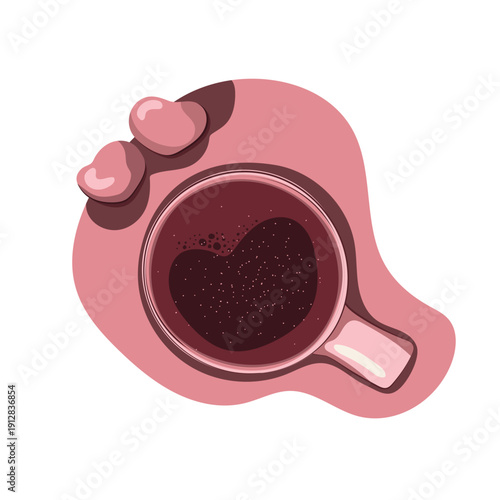 minimal top of cup of coffee with heart and two marshmallows background in warm pink color