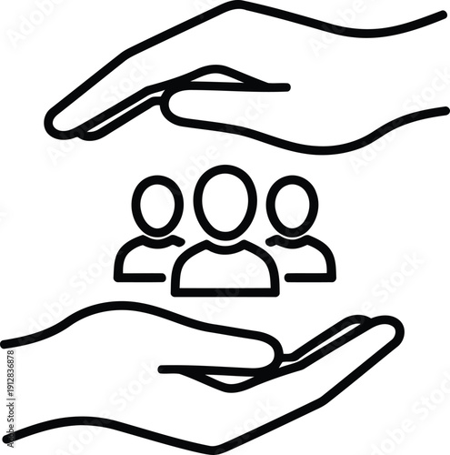 Two hands gently holding three people icons representing care and protection. isolated on white background, Vector