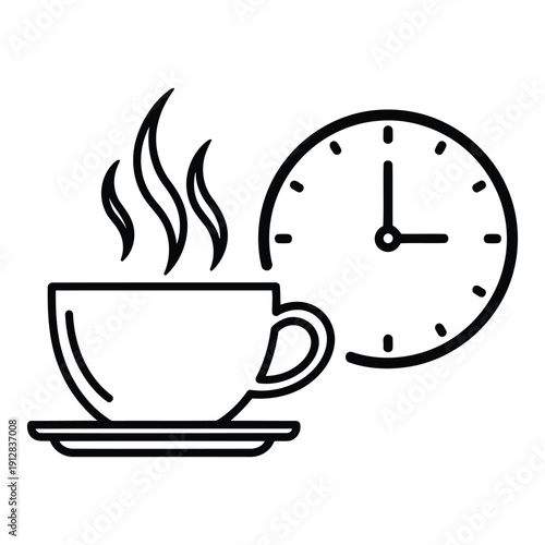 Steaming cup of coffee next to a clock, time for a break isolated on white background, Vector
