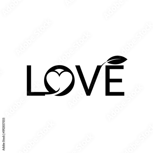 Stylized word love with a heart replacing the o and a leaf accent