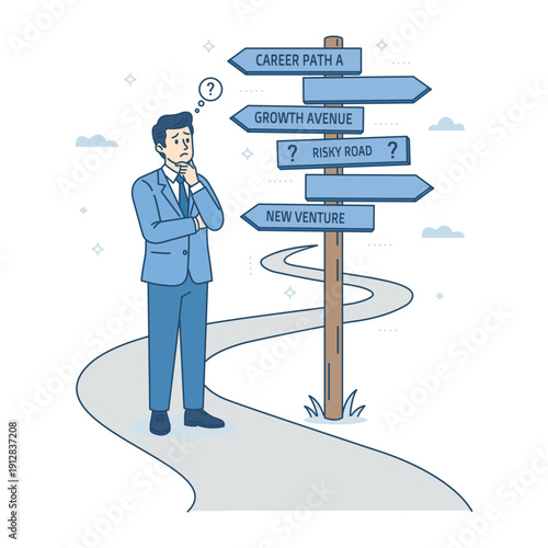 Businessman looking at multiple road signs for career direction and strategic choice. Professional decision making and leadership concept. Finding the right way to success, solution and opportunity