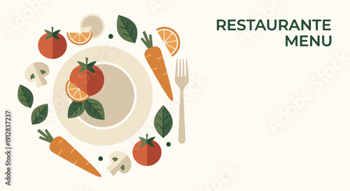 Fresh organic vegetables and fruits artistically arranged around a plate creating a delightful restaurant menu background