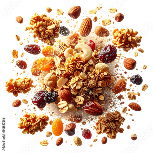 Explosion of granola, nuts, and dried fruits, healthy breakfast ingredients bursting with flavor
