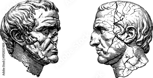 Ancient bust profiles with cracks - vintage engraved illustration for historical design