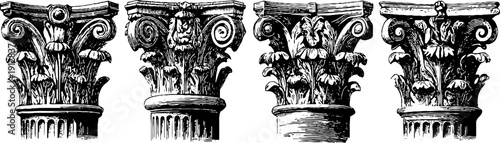 Ancient column capitals and acanthus leaves engraved sketch set for architectural design