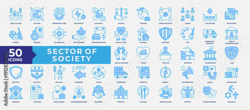 Sector of society icon set collection. Containing agriculture, education, healthcare, energy, technology, transportation, arts, justice and more icon. Simple Blue Vector Illustration. 