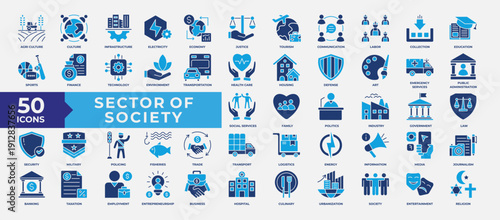Sector of society icon set collection. Containing agriculture, education, healthcare, energy, technology, transportation, arts, justice and more icon. Simple Flat Vector Illustration. 