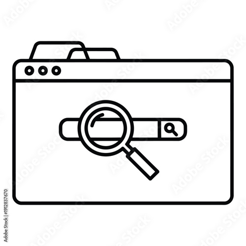 Magnifying glass icon on a web browser window representing search functionality isolated on white background, Vector