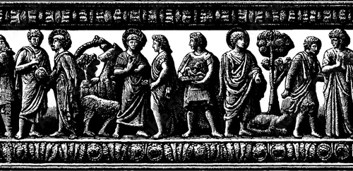 Ancient frieze and relief engraving set - vintage historical figures and scenes for artistic design