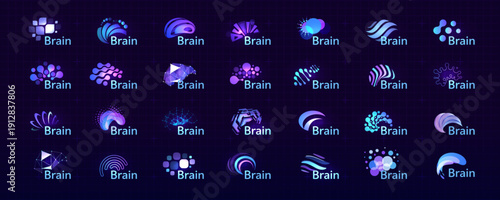Brain Logo Icon Smart Digital Transformation Symbol AI Artificial Intelligence Computer Neural Science Research Technology. Abstract Creative Future Brains Set Logos Purple Color. Vector Illustration