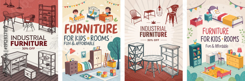 Promotional posters showcasing industrial-style furniture for children's rooms.