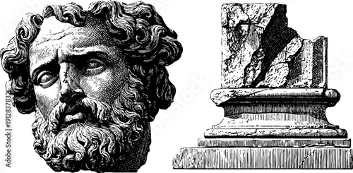 Ancient statue mask and fragment - vintage engraved illustration for art and history concepts