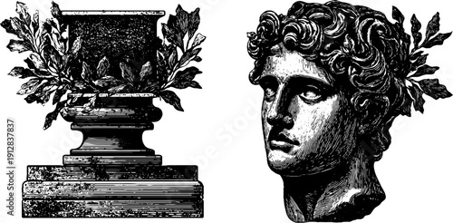 Vintage engraved illustration of ancient statue head and laurel for historical design projects