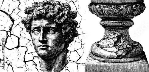 Antique bust and cracked surface engraving set for artistic design