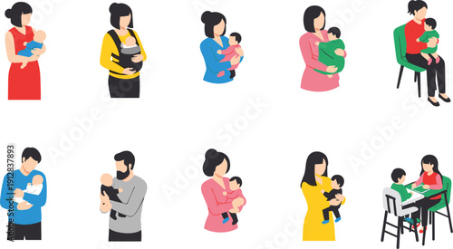 Parents holding babies illustration set, mother and father childcare scenes, family parenting concept, flat vector people design collection