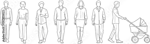 People walking line art illustration set, men women different poses with baby stroller outline drawings isolated white background