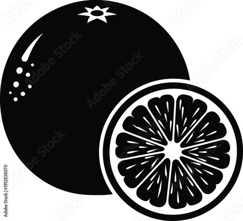 A black and white illustration of a whole orange and a sliced orange isolated on white background, Vector